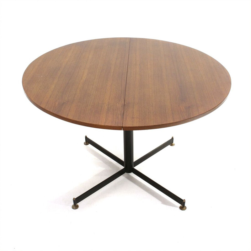 Vintage italian circular extendable dining table in teak and metal, 1960s