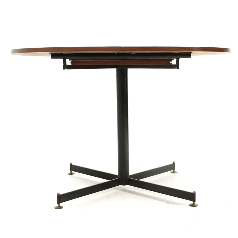 Vintage italian circular extendable dining table in teak and metal, 1960s