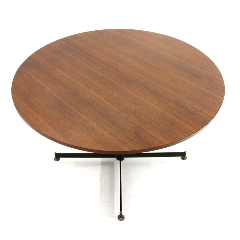 Vintage italian circular extendable dining table in teak and metal, 1960s