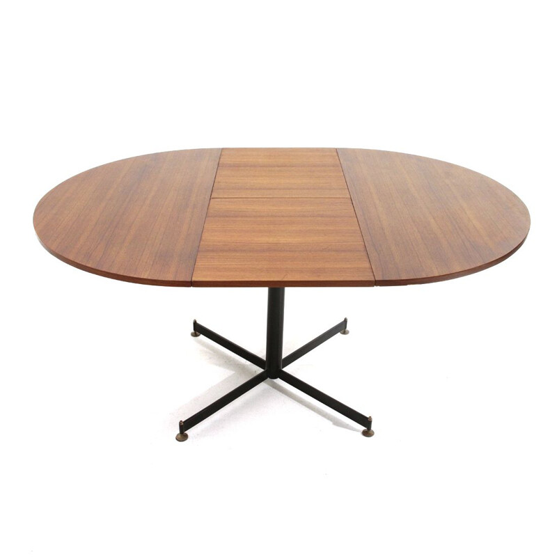 Vintage italian circular extendable dining table in teak and metal, 1960s