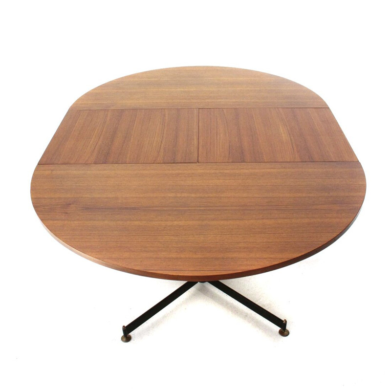 Vintage italian circular extendable dining table in teak and metal, 1960s