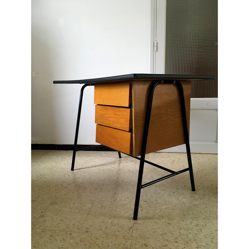 Vintage desk with black skai top and black lacquered metal structure, 1950