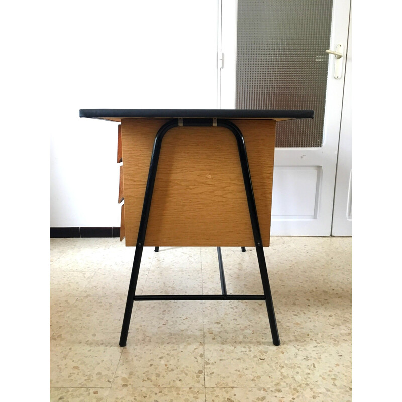 Vintage desk with black skai top and black lacquered metal structure, 1950