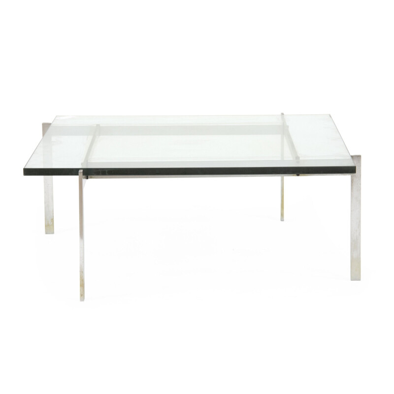 Vintage square coffee table with steel frame and glass top by Poul Kjærholm