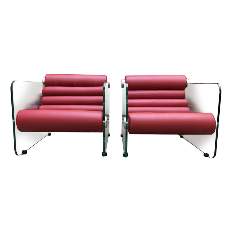 Pair of red leather Hyaline vintage armchairs by Fabio Lenci, 1972