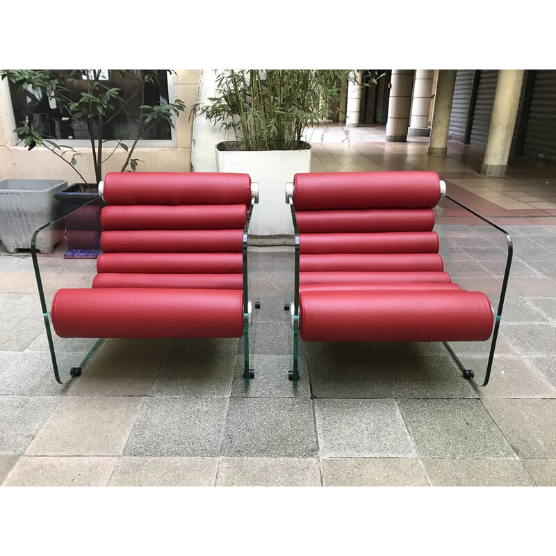 Pair of red leather Hyaline vintage armchairs by Fabio Lenci, 1972