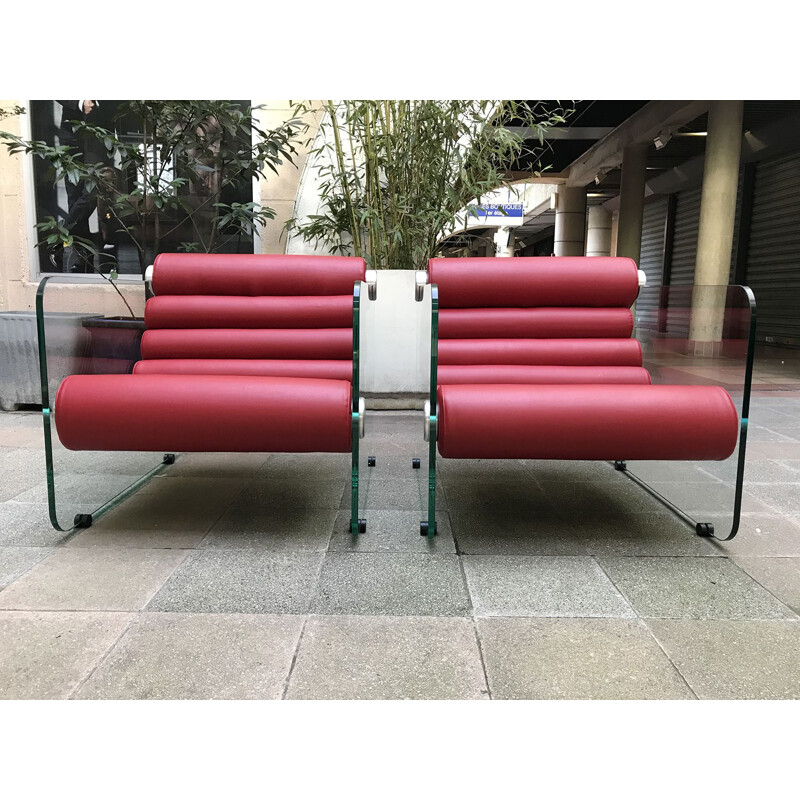 Pair of red leather Hyaline vintage armchairs by Fabio Lenci, 1972