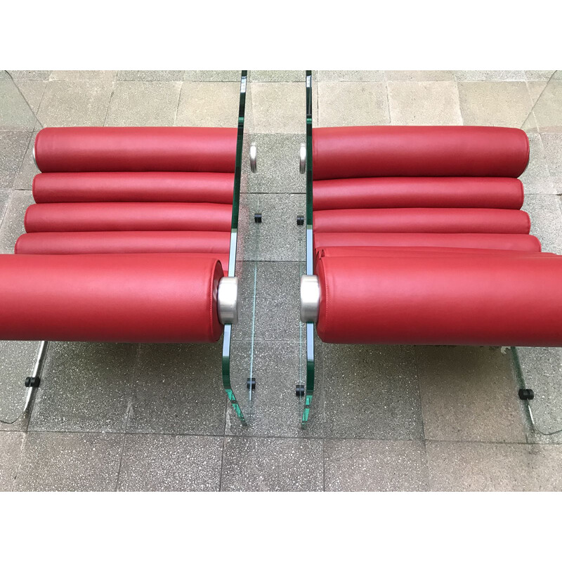 Pair of red leather Hyaline vintage armchairs by Fabio Lenci, 1972