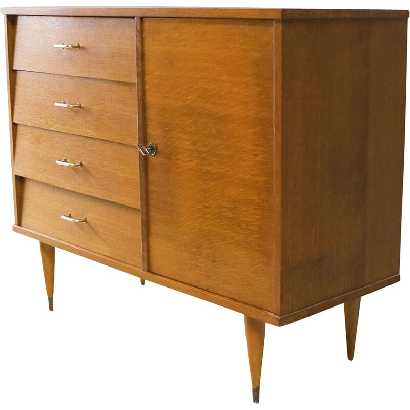 French vintage chest of drawers with cupboard and 4 drawers, 1960