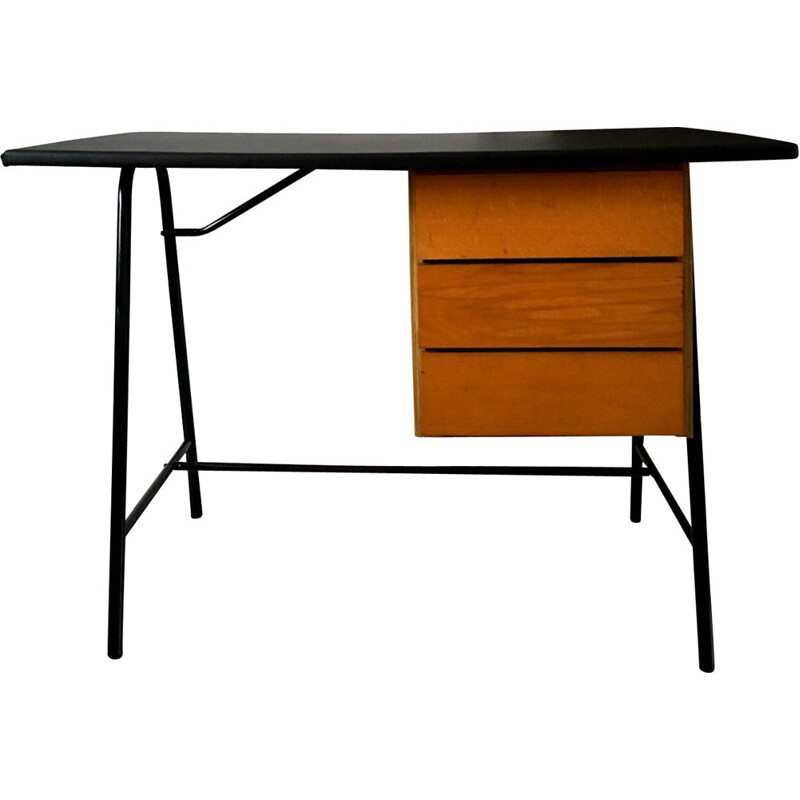 Vintage desk with black skai top and black lacquered metal structure, 1950