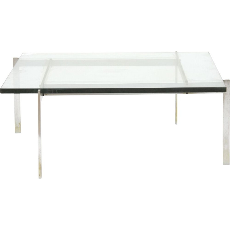 Vintage square coffee table with steel frame and glass top by Poul Kjærholm