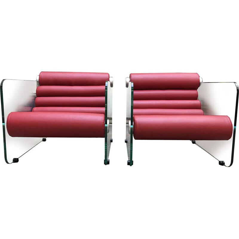 Pair of red leather Hyaline vintage armchairs by Fabio Lenci, 1972