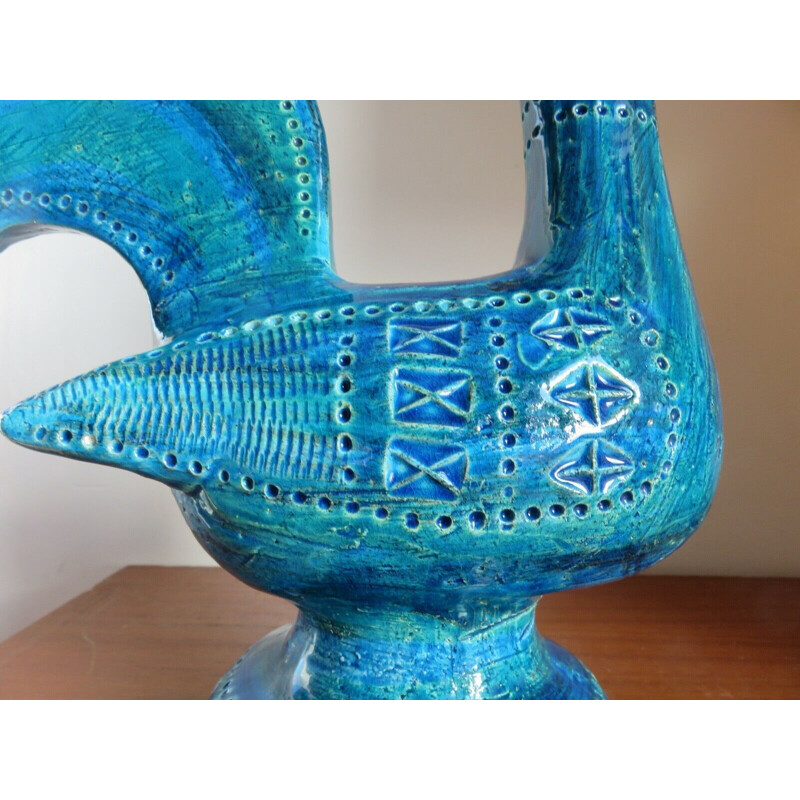 Grand coq vintage en céramique bleue Aldo Londi pour Bitossi