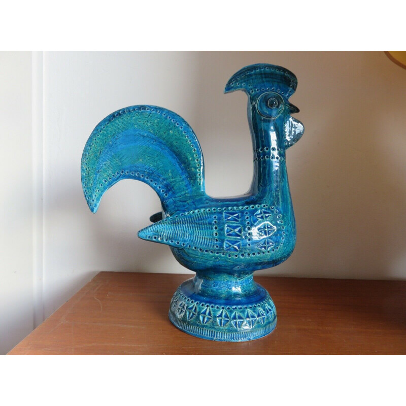 Grand coq vintage en céramique bleue Aldo Londi pour Bitossi