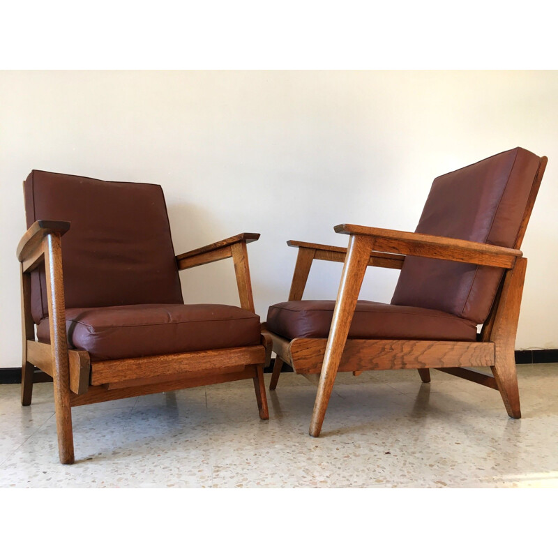 Pair of vintage oak armchairs 1950