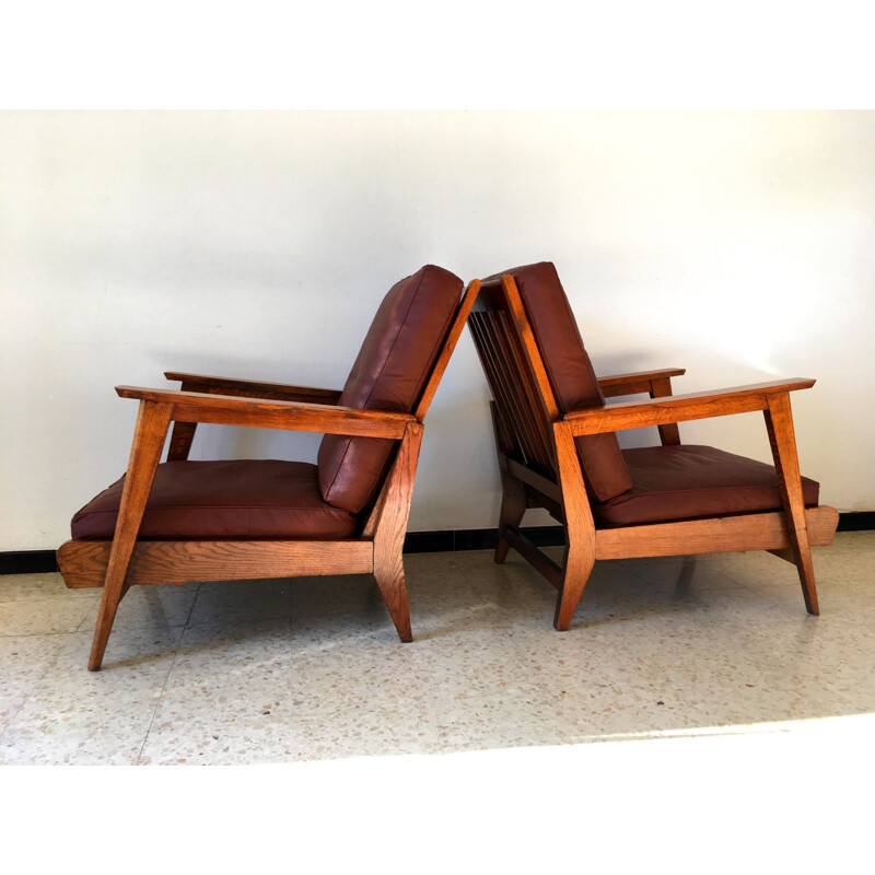 Pair of vintage oak armchairs 1950