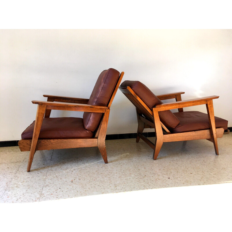 Paire de fauteuils vintage en chêne 1950