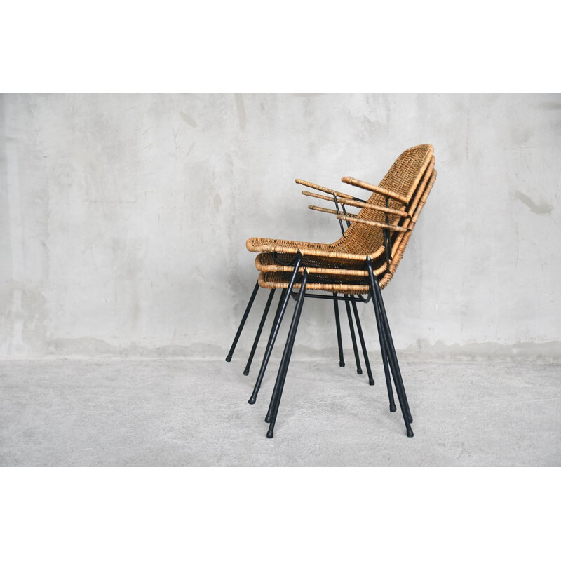 Lot de 3 chaises à roulettes en rotin italiennes modernes de Gian Franco Legler, 1950