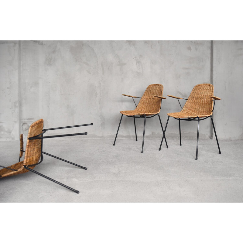 Lot de 3 chaises à roulettes en rotin italiennes modernes de Gian Franco Legler, 1950