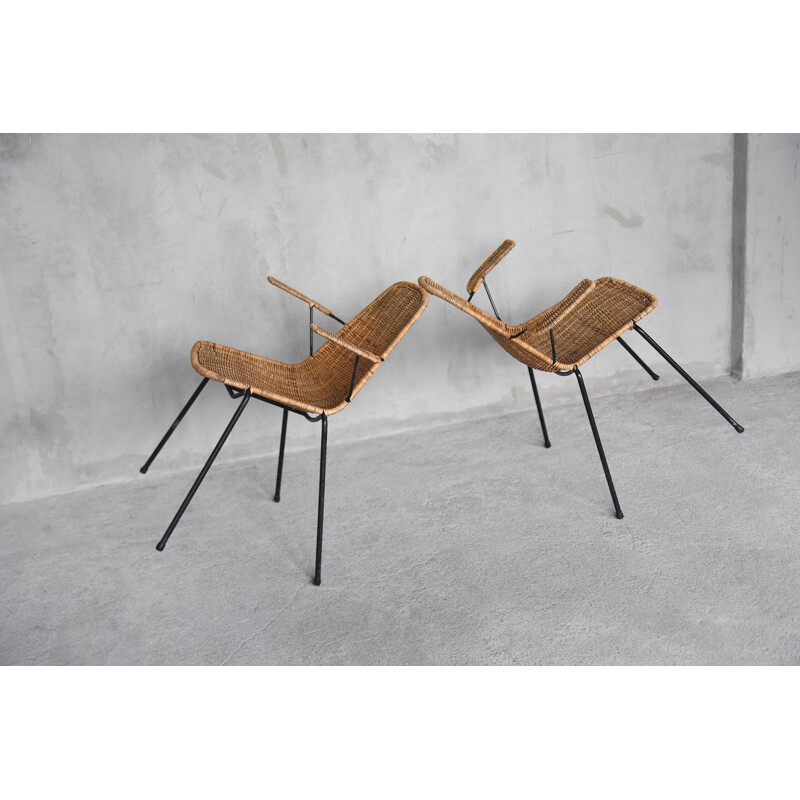 Lot de 3 chaises à roulettes en rotin italiennes modernes de Gian Franco Legler, 1950