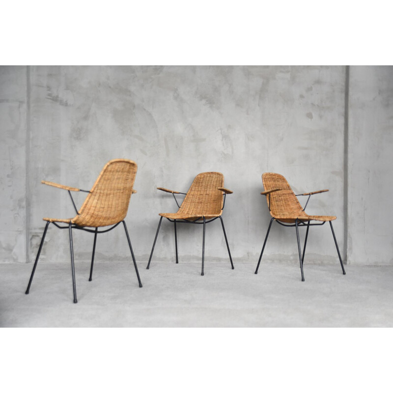 Lot de 3 chaises à roulettes en rotin italiennes modernes de Gian Franco Legler, 1950