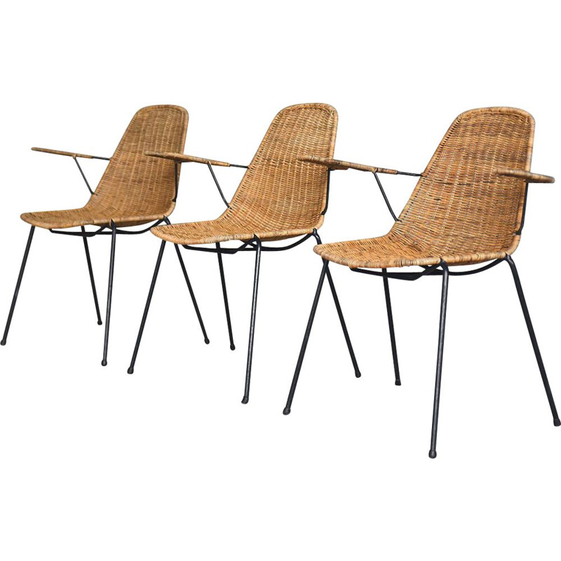 Set of 3 vintage Italian Modern Rattan Basket Chairs by Gian Franco Legler, 1950