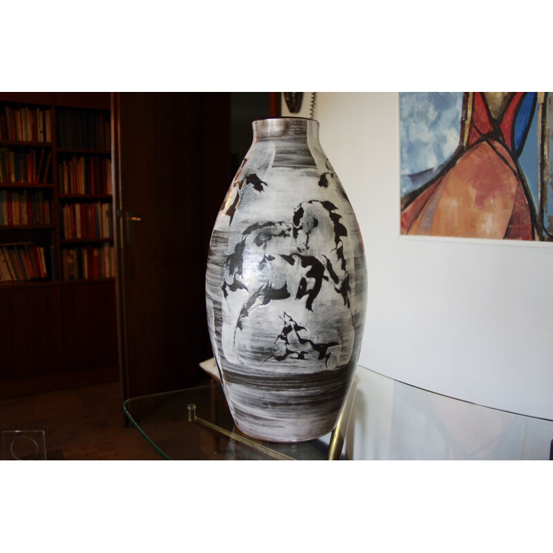 Large vintage vase with horse designs by Gustav Spoerri