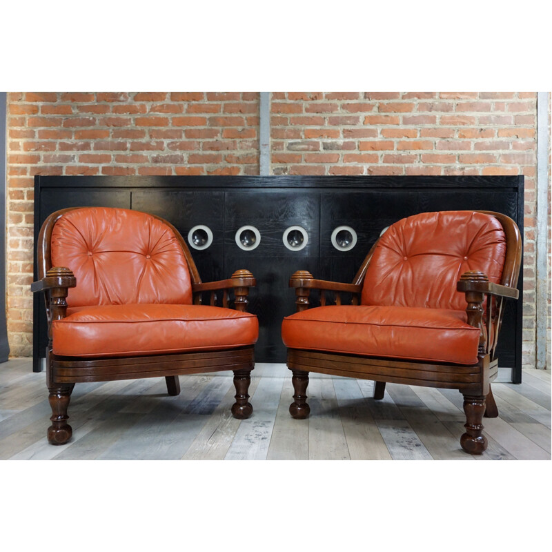 Pair of Belgian vintage armchairs in wood and leather