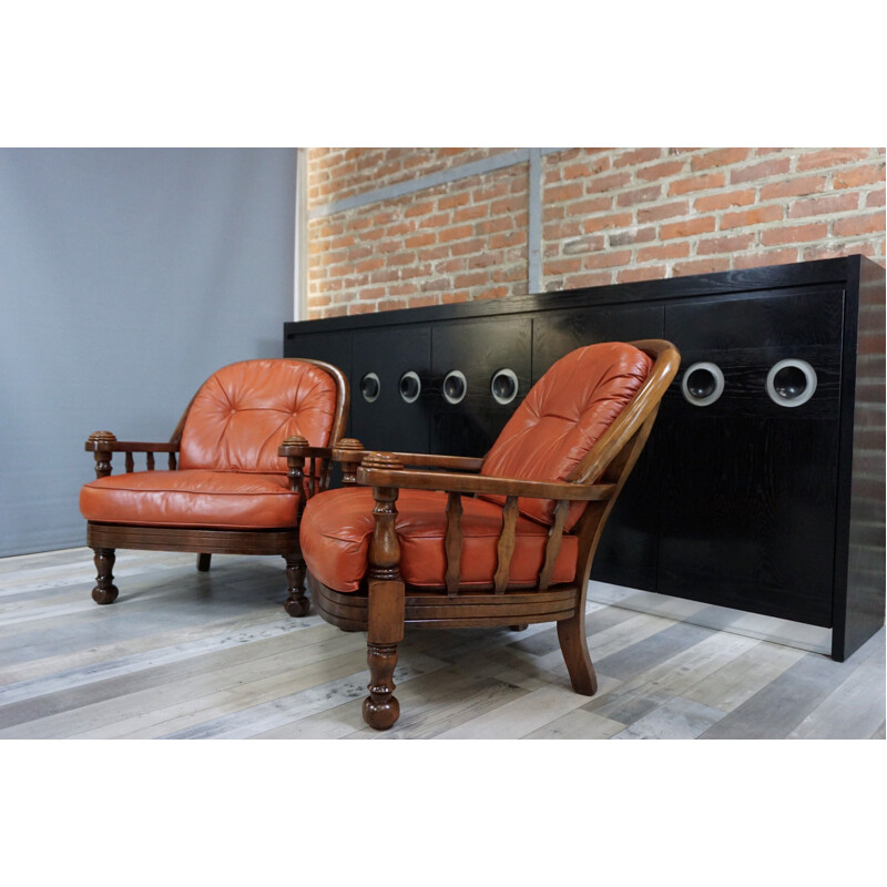 Pair of Belgian vintage armchairs in wood and leather