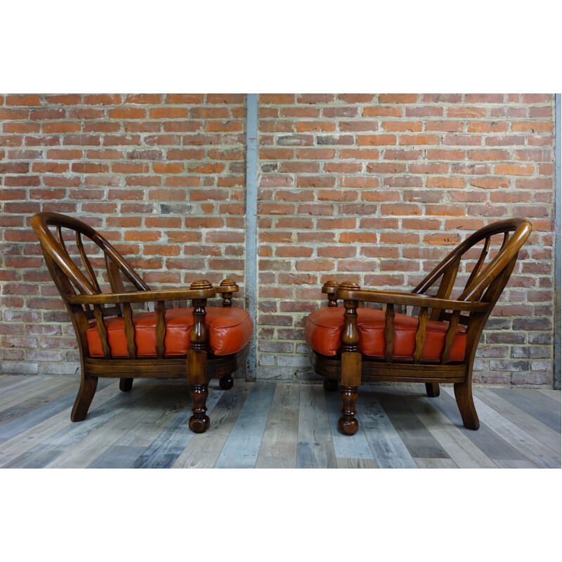 Pair of Belgian vintage armchairs in wood and leather