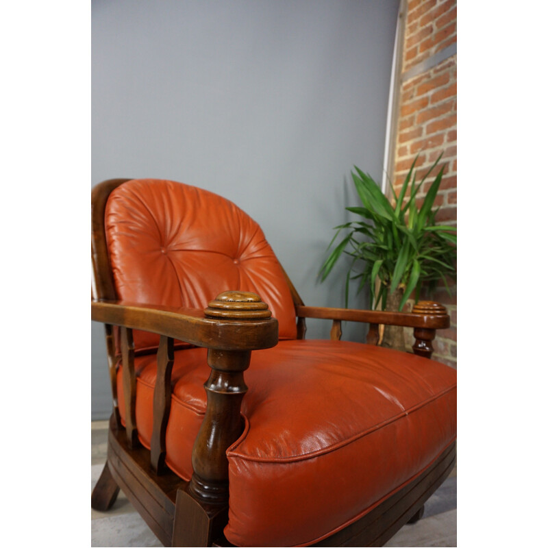 Pair of Belgian vintage armchairs in wood and leather