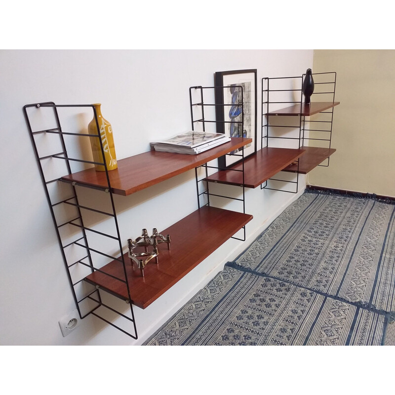 Vintage Scandinavian modular bookcase shelves by Tomado String 1960