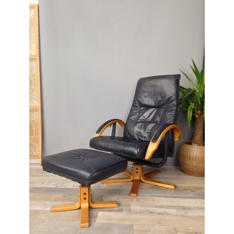 Vintage leather and wood reclining armchair with ottoman by Unico, Denmark 1970