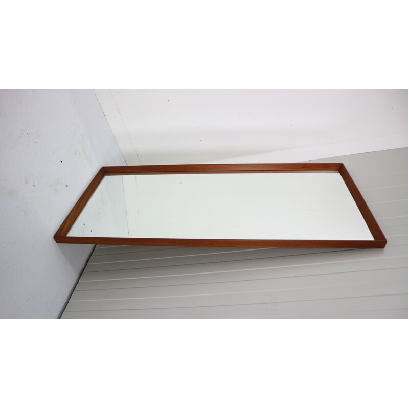 Vintage Scandinavian Modern Long Beveled Edge Teak Wall Mirror, 1950s Denmark