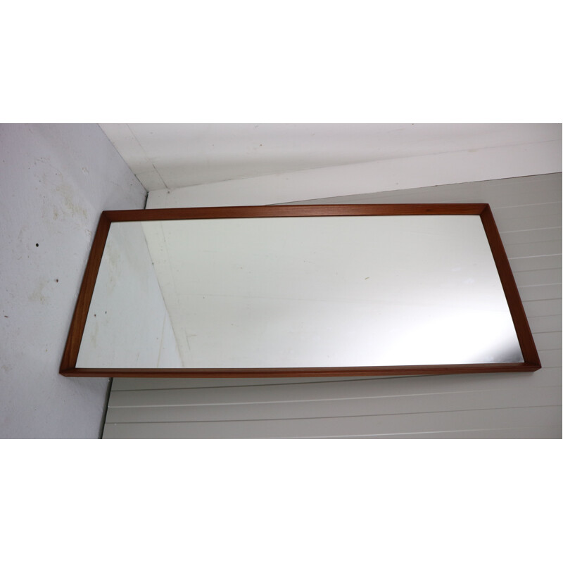 Vintage Scandinavian Modern Long Beveled Edge Teak Wall Mirror, 1950s Denmark