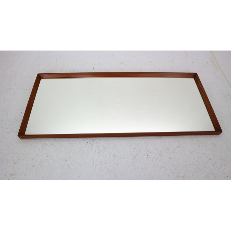 Vintage Scandinavian Modern Long Beveled Edge Teak Wall Mirror, 1950s Denmark