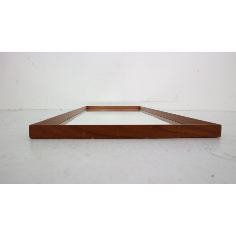 Vintage Scandinavian Modern Long Beveled Edge Teak Wall Mirror, 1950s Denmark