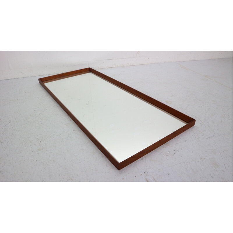 Vintage Scandinavian Modern Long Beveled Edge Teak Wall Mirror, 1950s Denmark