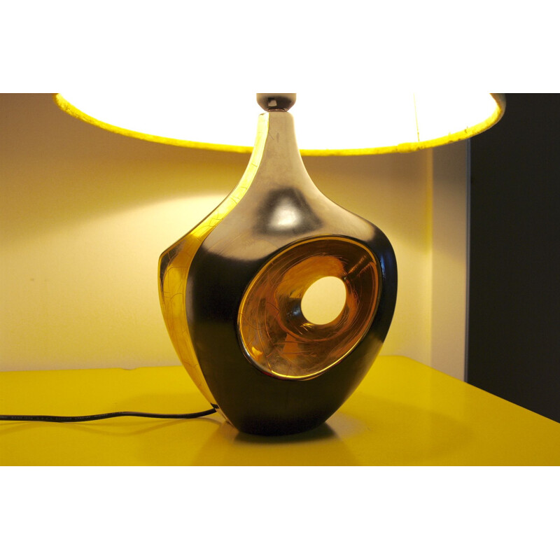 Vintage black and gold ceramic lamp 1970