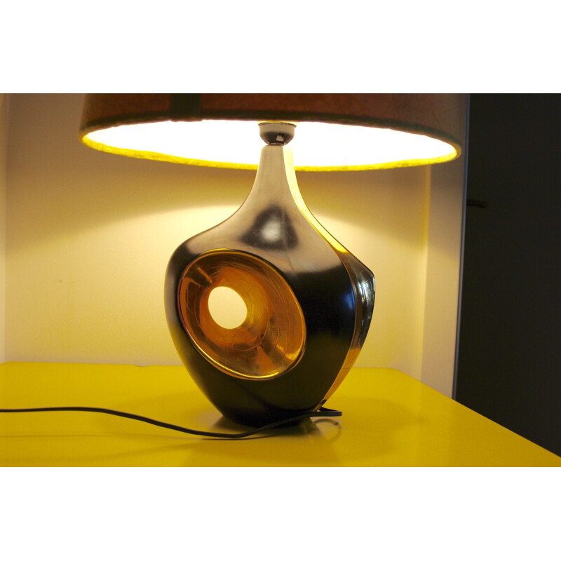 Lampe vintage en céramique noir et or 1970