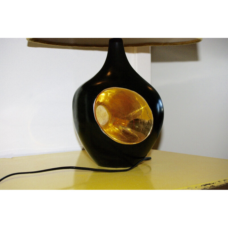 Lampe vintage en céramique noir et or 1970