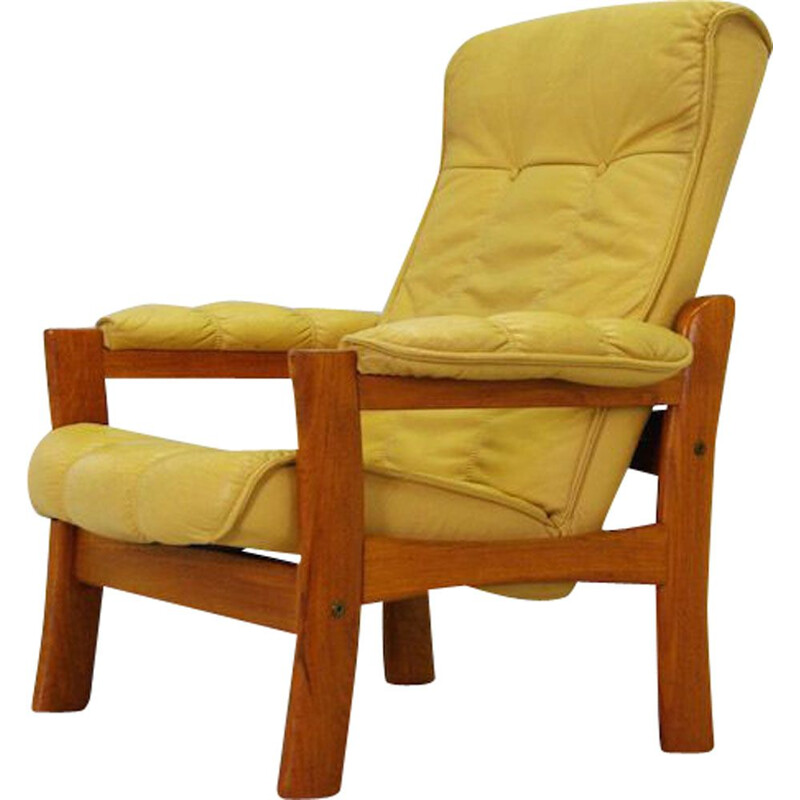 Vintage scandinavian armchair in brown leather and teak 1970