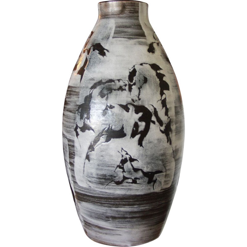 Large vintage vase with horse designs by Gustav Spoerri