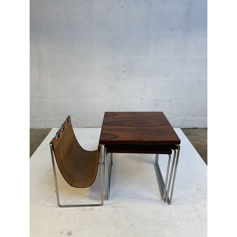 Vintage Nesting tables with leather magazine rack