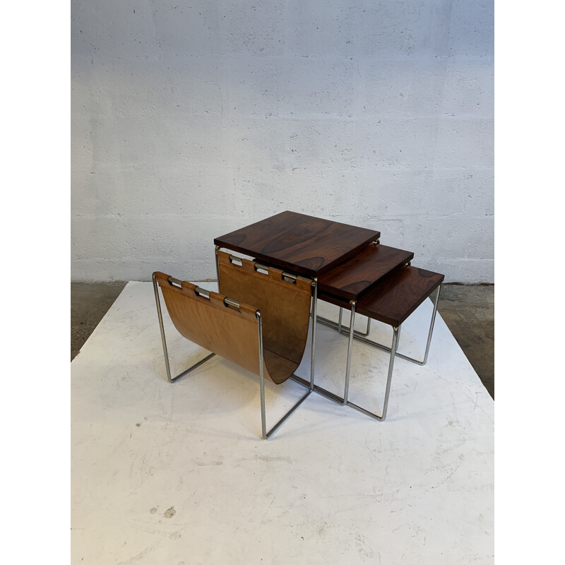 Vintage Nesting tables with leather magazine rack