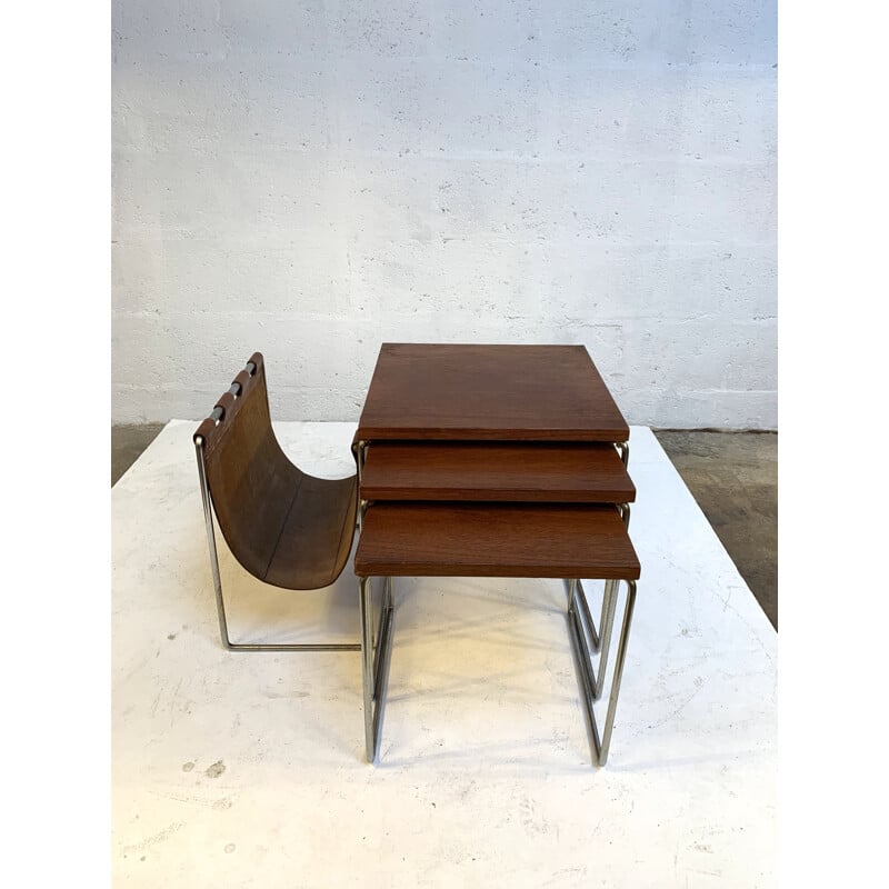 Vintage Nesting tables with leather magazine rack