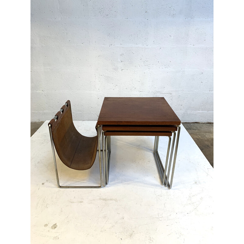 Vintage Nesting tables with leather magazine rack