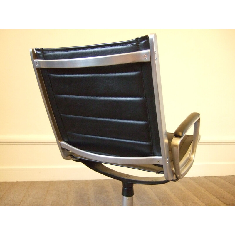 Set of two black swiveling desk chairs in leather and aluminium - 1960