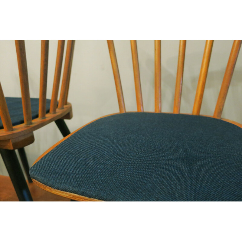 Vintage set of 4 chairs with splayed legs, plywood seats and petrol blue-green covers, 1950s