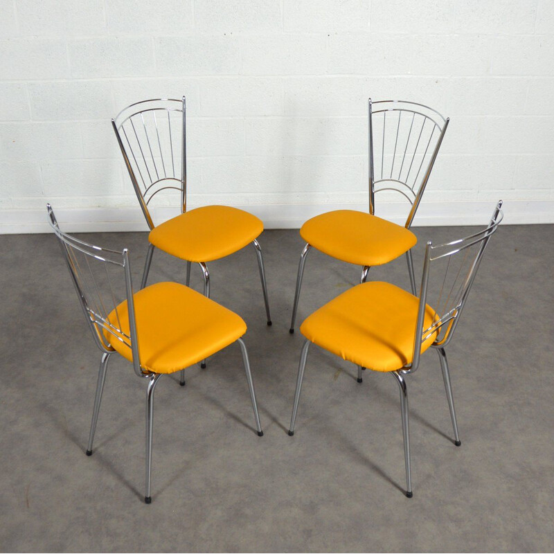Suite of 4 vintage chairs with yellow seats, 1950-1960 